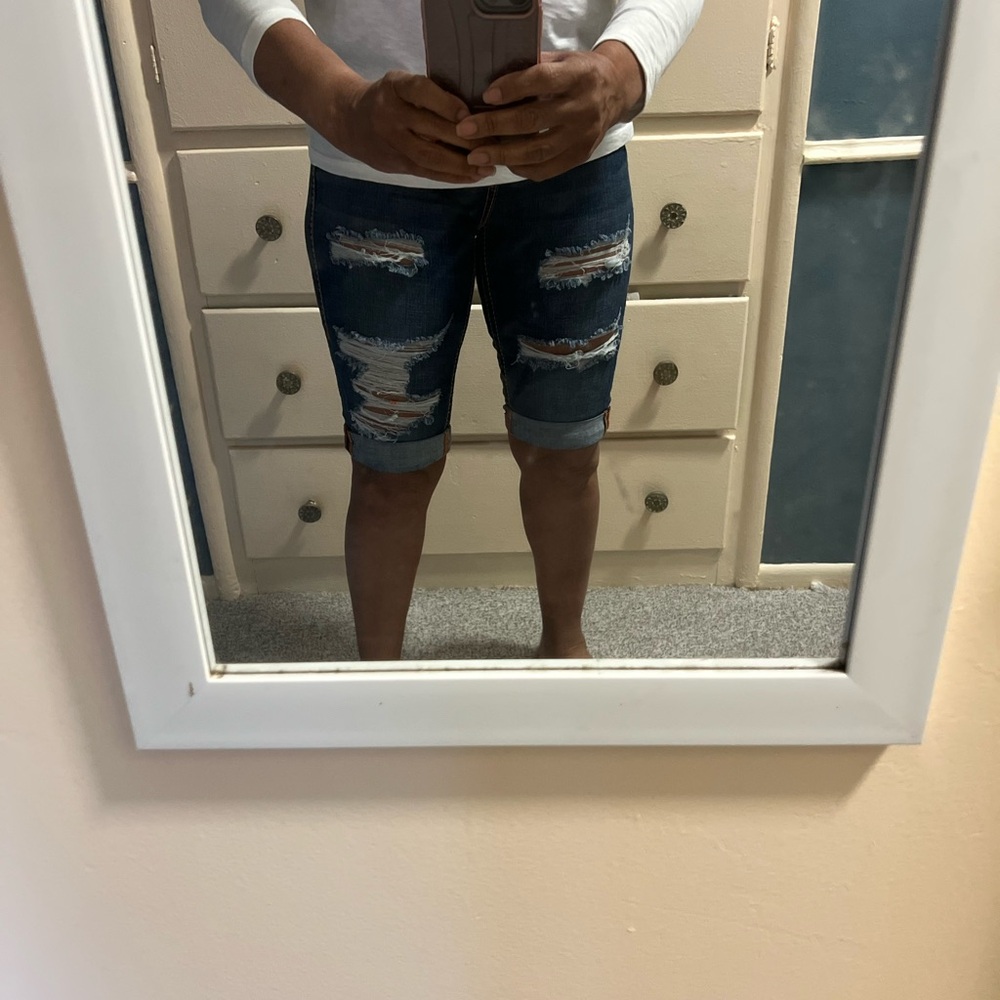True Religion Blue Distressed Jean Shorts - Picture 3 of 10